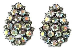 Iridescent Rhinestone Cluster Earrings, Pierced, Circa 1990s, A Pair