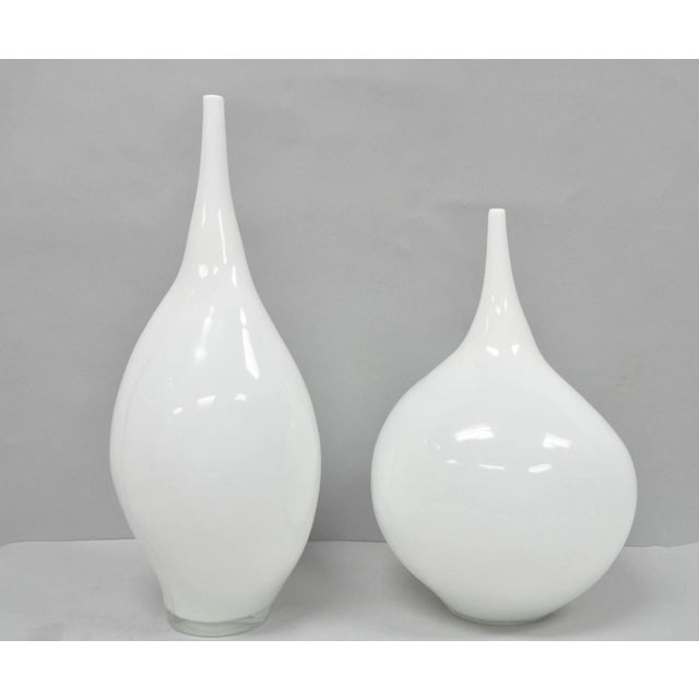 Decorative Modern White Bulbous Art Glass Vessel Vase by Lazy Susan - 2 Pc Set For Sale - Image 15 of 18