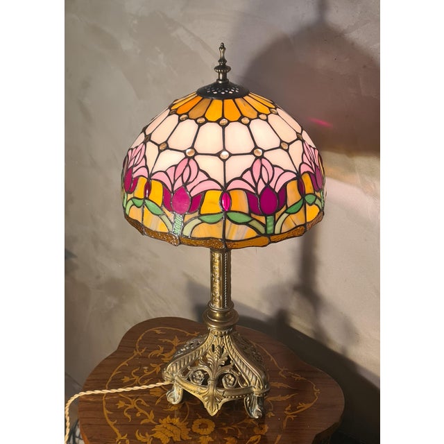 Gold Antique Art Nouveau Bronze Lamp with Stained Glass Shade in the style of Tiffany, 1900 For Sale - Image 8 of 10