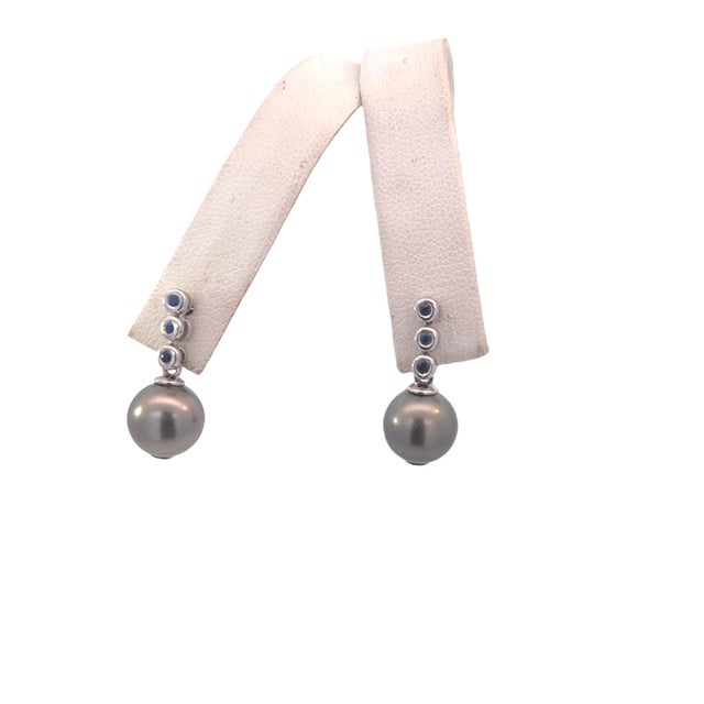 Tahitian Pearl & Sapphire Earrings 14k Gold 9.46 mm Certified For Sale - Image 10 of 11
