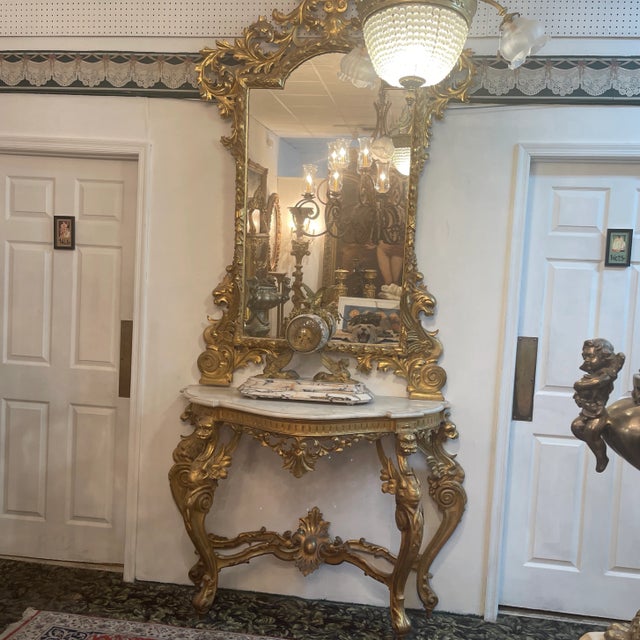 Late 19th Century Antique Gilded Wood & Marble Console Table and Mirror For Sale - Image 12 of 13