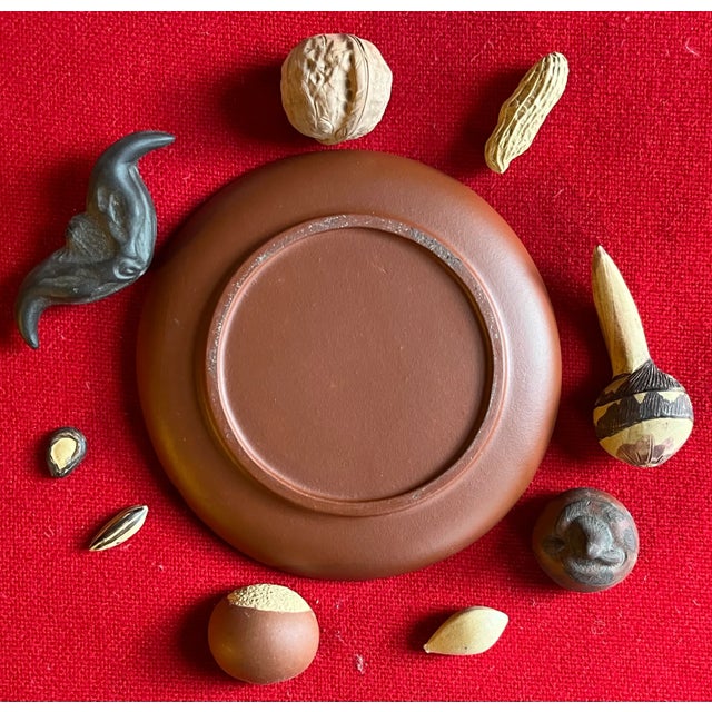 Chinese Yixing Pottery Sculpture of Individual Nuts - Almond, Chestnut, Walnut, Peanut, Hazelnut & Sunflower Seeds - Displayed on a Plate For Sale In New York - Image 6 of 8