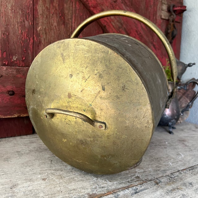 Rustic Vintage Brass Coal Scuttle Bucket With Handle - Rustic Patina Finish - 18" For Sale - Image 3 of 14
