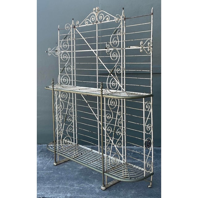 Alabaster Vintage Boho French Wrought Iron and Brass Bakers Rack For Sale - Image 8 of 12