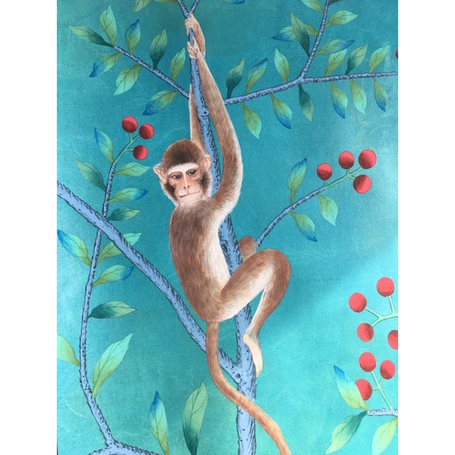 Hand Painted Teal Tropical Chinoiserie Jungle Animal Mural Panel For Sale - Image 6 of 7