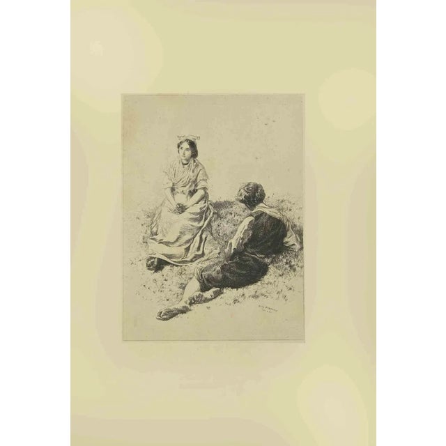 Eugène Burnand, Lovers in Meadow, Etching, Late 19th Century For Sale