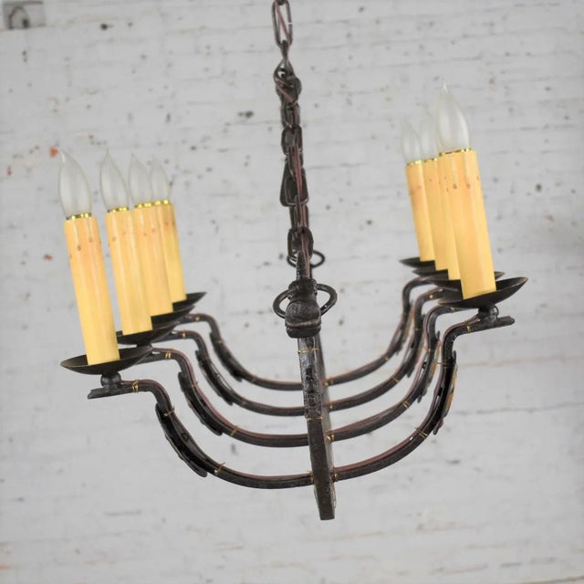 Gothic Antique Gothic or Spanish Revival Style Cast Iron Chandelier Viking Longboat Ship With Horse Head and Shields For Sale - Image 3 of 13