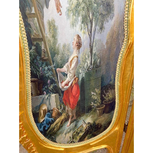 Gold 20thC French Louis XVI Gold Beech Scenic Room Divider Screen - 3 Panels For Sale - Image 8 of 18