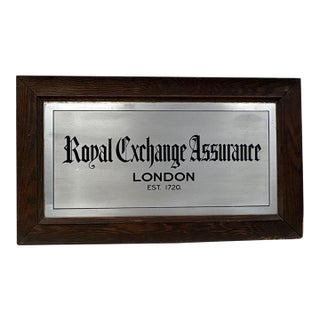 Antique Royal Exchange Assurance London Insurance Agency Sign in Oak Frame, Goodman Company New York, Circa 1920s For Sale