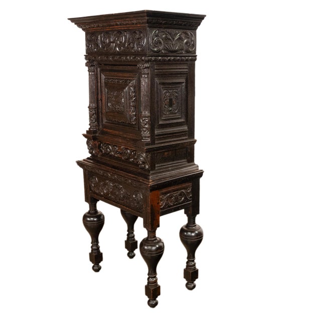 Wood Antique 17th Century Dutch Carved Ebonized Oak Credence Cabinet on Stand 1680 For Sale - Image 7 of 16