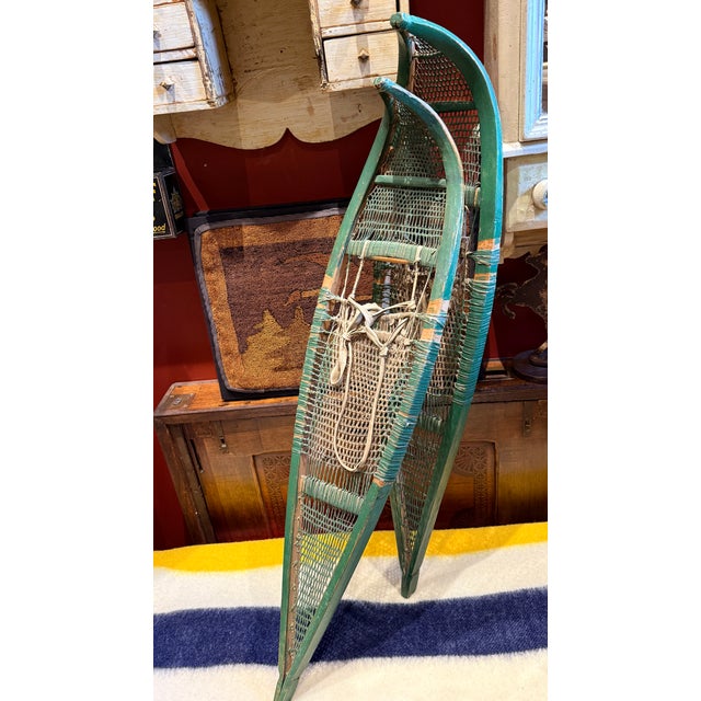 Antique Early 20th Century Cree Snowshoes With Babiche Lacing Green Paint For Sale - Image 10 of 11