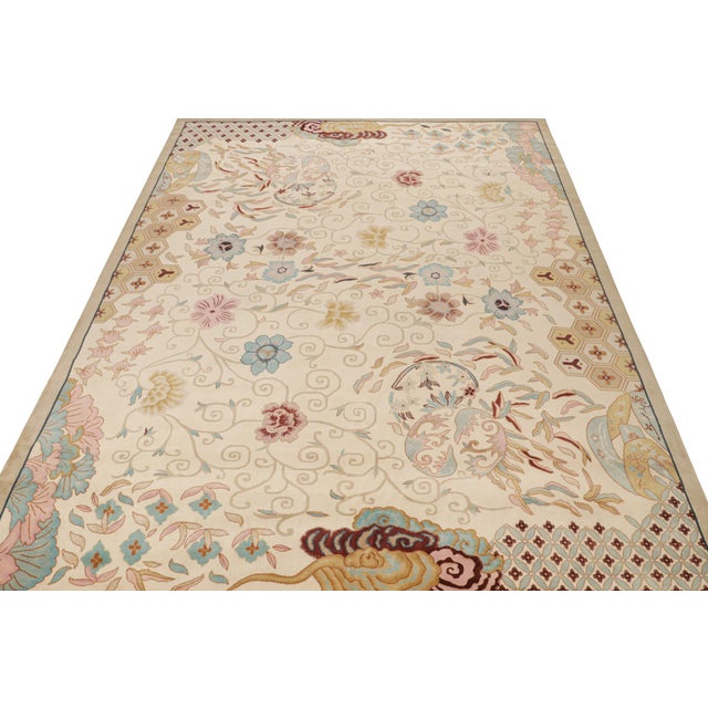 2010s 2010s Rug & Kilim’s Chinese Art Deco Style Rug in Beige-Brown With Floral Patterns For Sale - Image 5 of 7