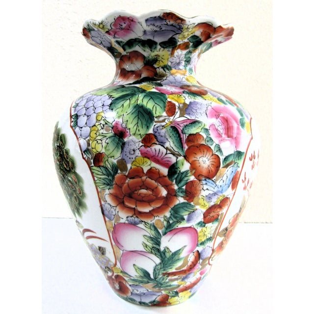 Vintage Chinoiserie Hand Painted Famille Rose Peacock Porcelain Vase For Sale - Image 4 of 12