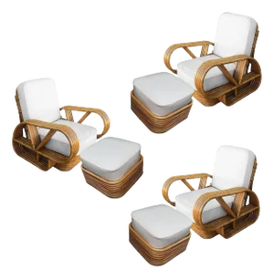 Restored Rattan Five-Strand "Victory Speed" Arm Lounge Chairs With Ottomans - 6 Pieces