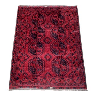 Red Turkmen Tribal Hand-Knotted Wool Rug - 4'3" X 5'5" For Sale