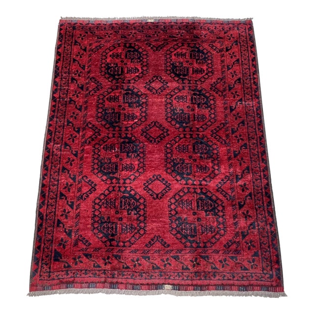 Red Turkmen Tribal Hand-Knotted Wool Rug - 4'3" X 5'5" For Sale