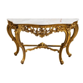 Louis XV Rococo Style Carved Giltwood Console Table with Marble Top, 1940s For Sale
