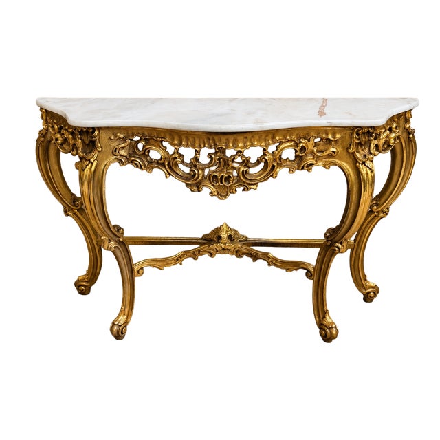 Louis XV Rococo Style Carved Giltwood Console Table with Marble Top, 1940s For Sale