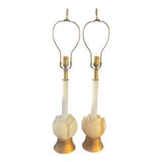 Mid Century Floral Carved Alabaster and Marble Lamps-a Pair For Sale
