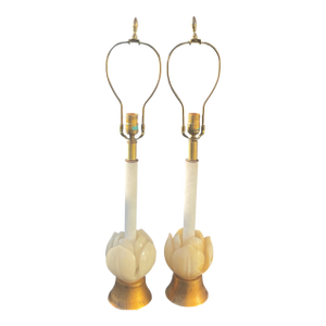 Mid Century Floral Carved Alabaster and Marble Lamps-a Pair