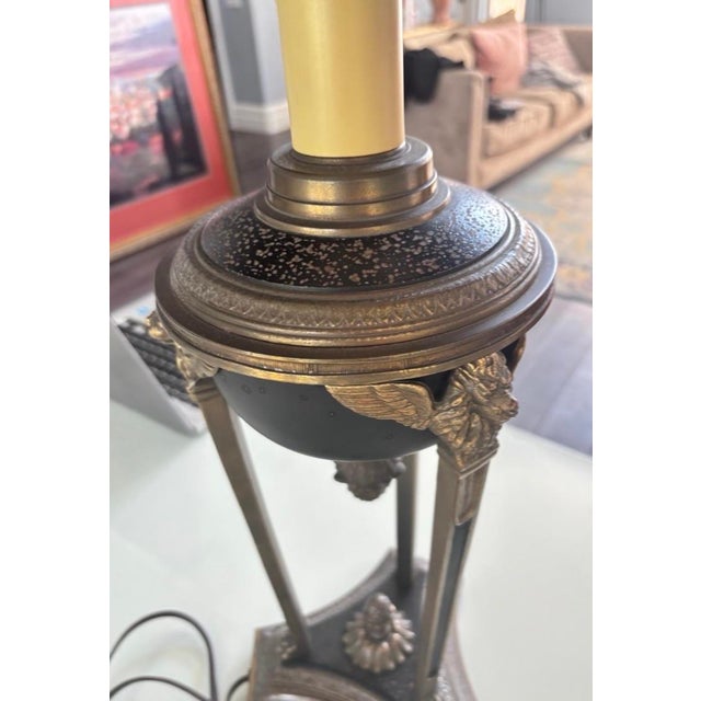 Metal Vintage Neoclassical Black & Brass Tripod Table Lamp With Pinecone Finial For Sale - Image 7 of 9