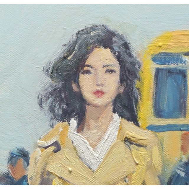 Original oil portrait by Sean Wu, The girl in the trench coat at the bus station.