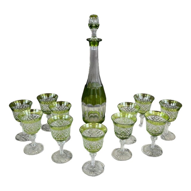 Crystal Liquor Glasses and Decanter, Set of 12 For Sale
