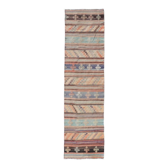 Mid 20th Century Colorful Vintage Embroidered Kilim Runner With Stripe's and Geometric Motifs For Sale