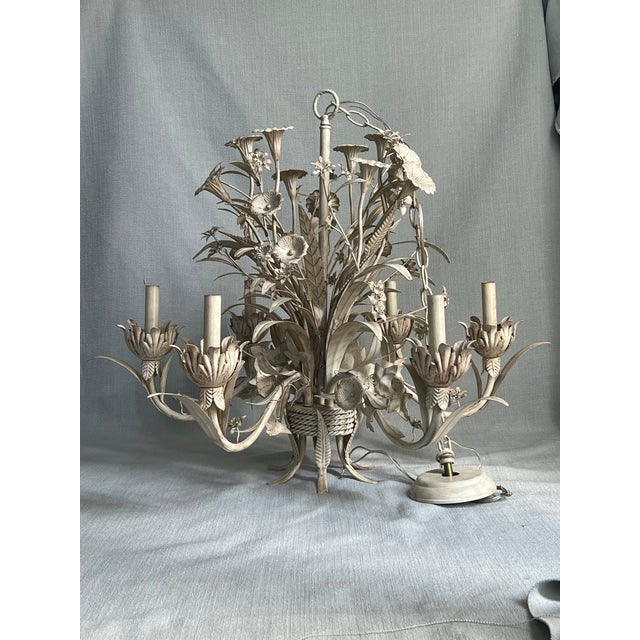 Antique Gustavian Style 6 Light White Tole Wild Flowers Chandelier For Sale - Image 4 of 12