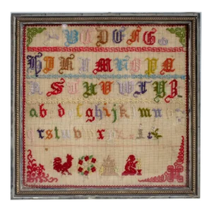 Early 20th Century Framed Sampler With Asian Theme and Motifs
