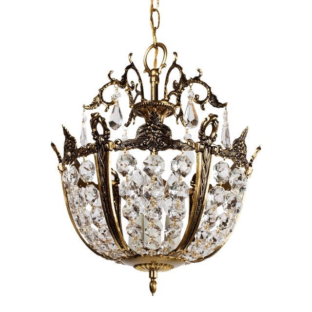 1950s Crystal Brass Basket Chandelier For Sale