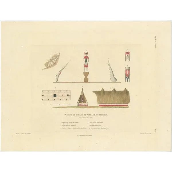 Antique print titled 'Pagoda and Idols of the Village of Likiliki; New Ireland'. Pagoda and idols from the village of...