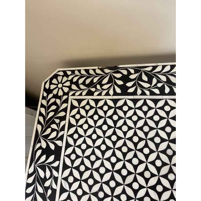 Black and White Floral Pattern Bone Inlay Side Table For Sale - Image 11 of 12