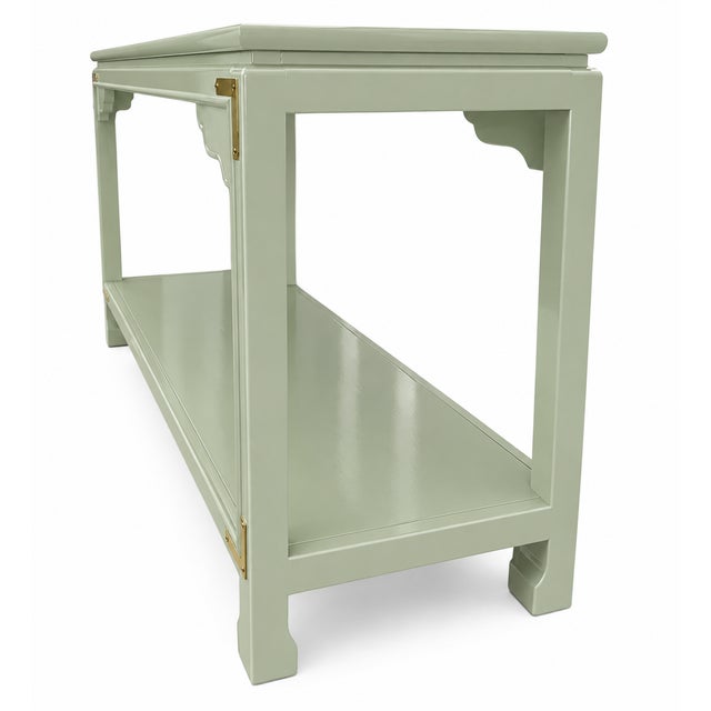 Mid-Century Modern Chinoiserie Console Table in High-Gloss Lacquer With Brass Corner Accents For Sale - Image 3 of 6
