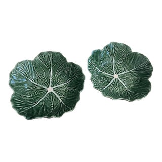 Vintage Bordallo Pinheiro Green Cabbage Majolica Leaf Ceramic Bowls-Set of 2 For Sale