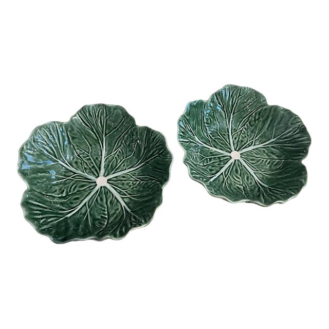 Vintage Bordallo Pinheiro Green Cabbage Majolica Leaf Ceramic Bowls-Set of 2 For Sale