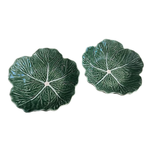 Vintage Bordallo Pinheiro Green Cabbage Majolica Leaf Ceramic Bowls-Set of 2