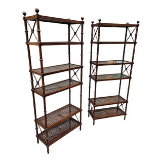 Mid 20th Century Vintage Hollywood Regency Faux Bamboo Wood & Cane Six-Tier Etagere - Pair For Sale