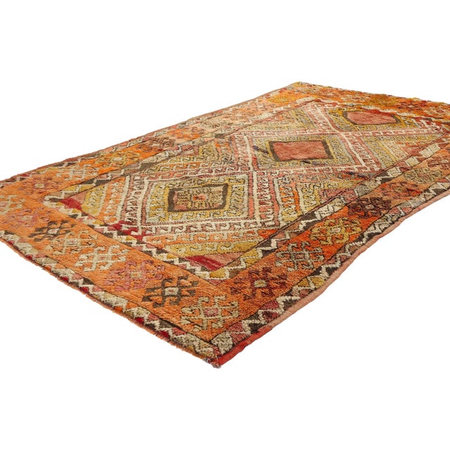 52300 Vintage Turkish Oushak Rug, 04'01 x 07'00. Turkish tribal Oushak rugs with latch hook lozenge medallions originate...