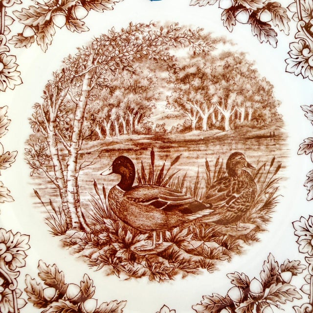Royal Stafford Royal Stafford English Brown Transferware Ducks & Acorns Thanksgiving Dinner Plates - Set of 12 For Sale - Image 4 of 6