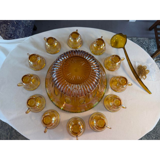 Glass 1970s Indiana Glass Iridescent Gold Carnival Glass Punch Bowl Set - 14 Pieces For Sale - Image 7 of 12