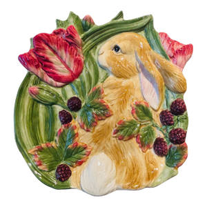 Fitz & Floyd Blackberry Rabbit Canapé Plate – Hand-Painted Majolica Style Bunny Dish – Vintage Easter Spring Decor