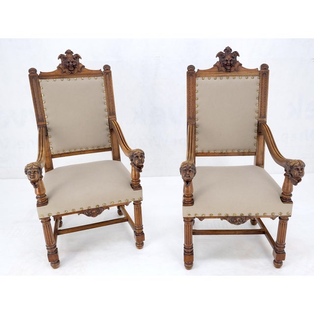 Pair Antique Heavily Carved Walnut Cherub North Wind Faces Arm Chairs New Uphols For Sale - Image 14 of 18