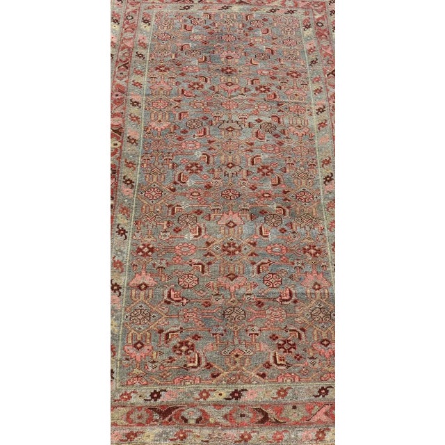 Red Antique Persian Kurdish Rug in Blue, Green, Brown, and Soft Red Measures 3'2"x6'3" For Sale - Image 8 of 10