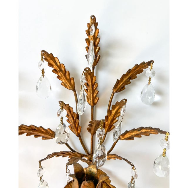 Feldman Lighting Mid Century Italian Gold Gilt Tole & Crystal Wall Sconces — Hollywood Regency / Italian Florentine Style For Sale - Image 4 of 11