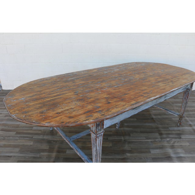 Antique 1920s French Provincial Large Oval Pine Dining Table With Distressed Painted Base For Sale - Image 12 of 18