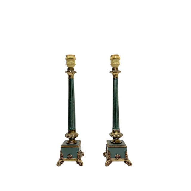 Empire Style Green Metal and Brass Table Lamps, 1960s, Set of 2 For Sale - Image 4 of 10