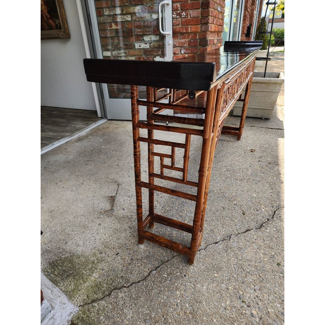 Brown Late 20th Century Monumental Antique Style Chinese Bamboo Alter Console Table With Black Lacquer Top For Sale - Image 8 of 16