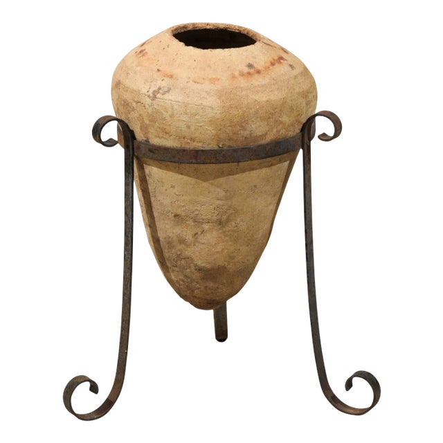 Clay Period Spanish Colonial Jar with Custom Metal Stand from the 18th Century For Sale