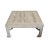 Vintage worn white solid wood Ming square coffee table. Beautiful wood grain and distress. Recommended for under cover use...